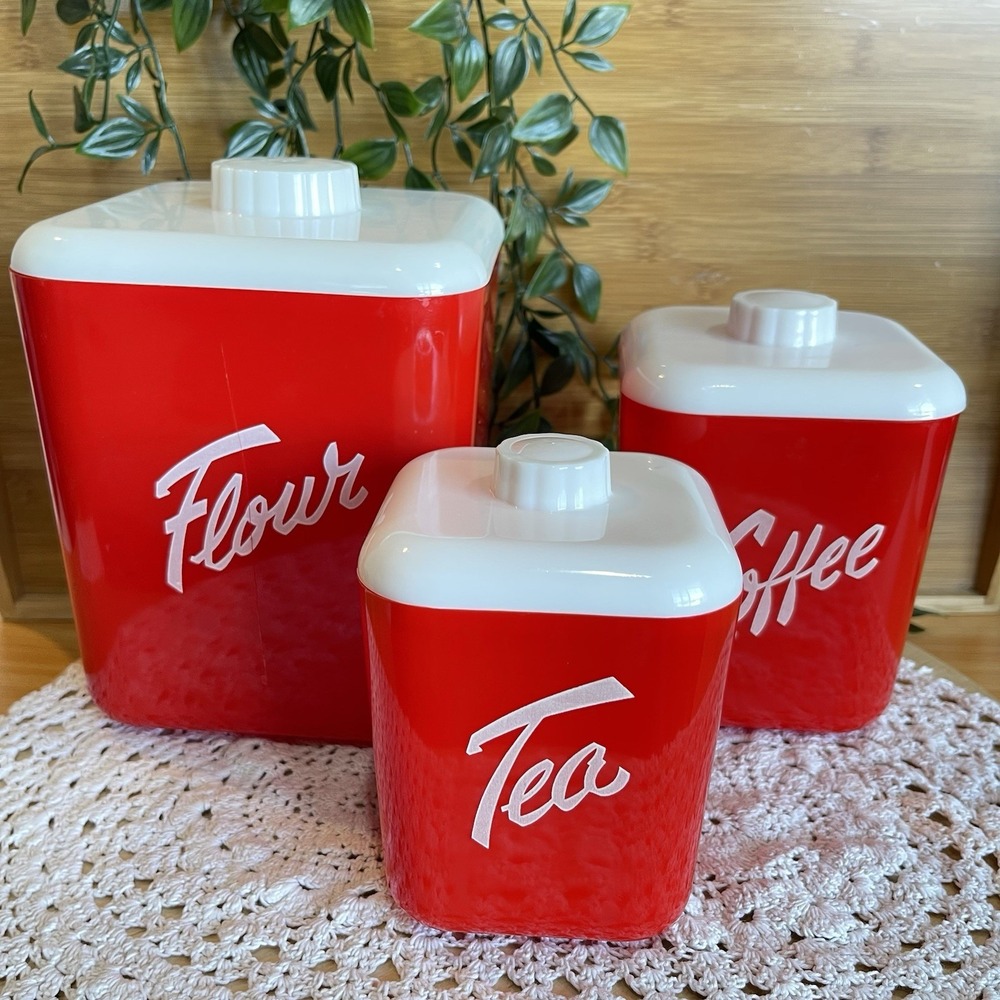 VTG Red Lustro Ware Canister Set MCM Plastic Flour Tea Coffee 1950s Display READ